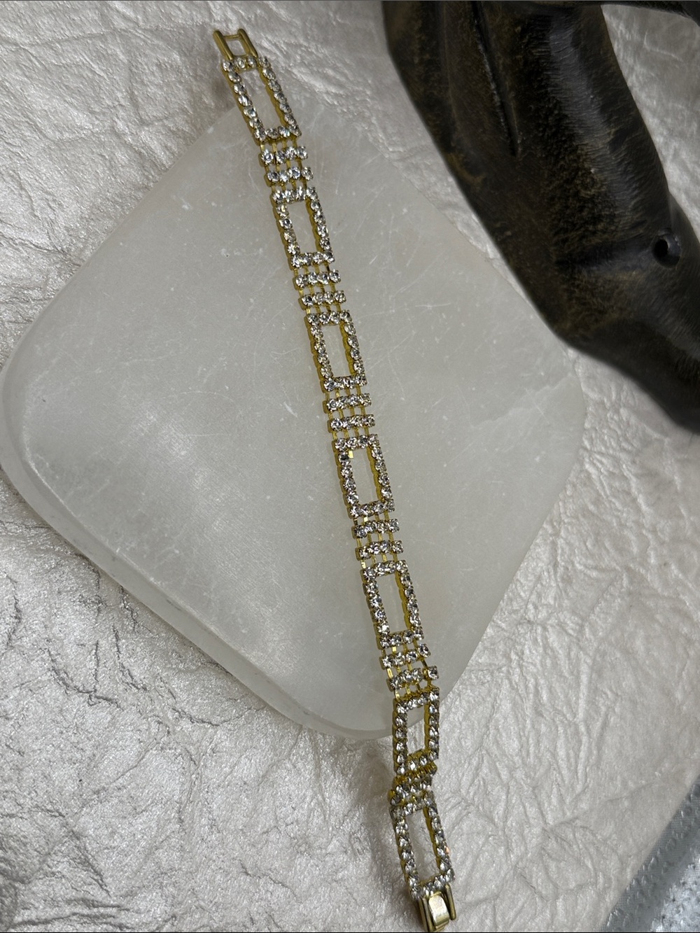 Stunning vintage Gold tone rhinestone rare Rectangle Link Bracelet Sz 6.75